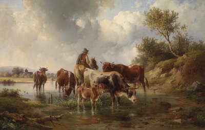Cows with Shepherds at the Ford by Edmund Mahlknecht